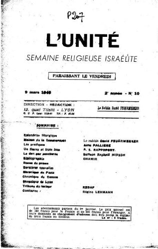 L'Unité : Semaine religieuse israélite. 2ème Année N° 10 (9 mars 1945)